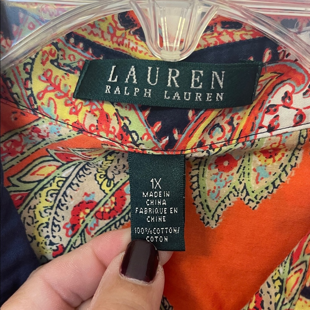 Ralph Lauren Women’s Vibrant Orange Black Paisley Buttondown Blouse Top Size 1X - Picture 2 of 12